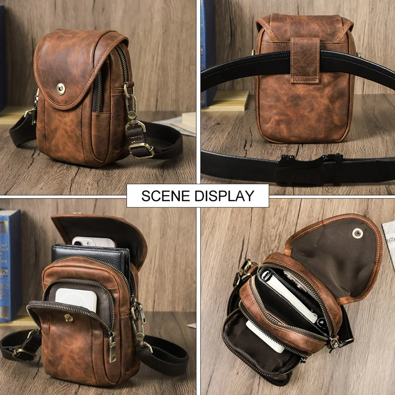 HTS-MB327 Retro Crazy Horse Leather Men's 7-inch Mobile Waist Bag with Belt and Multi Functional Leather Crossbody Bag