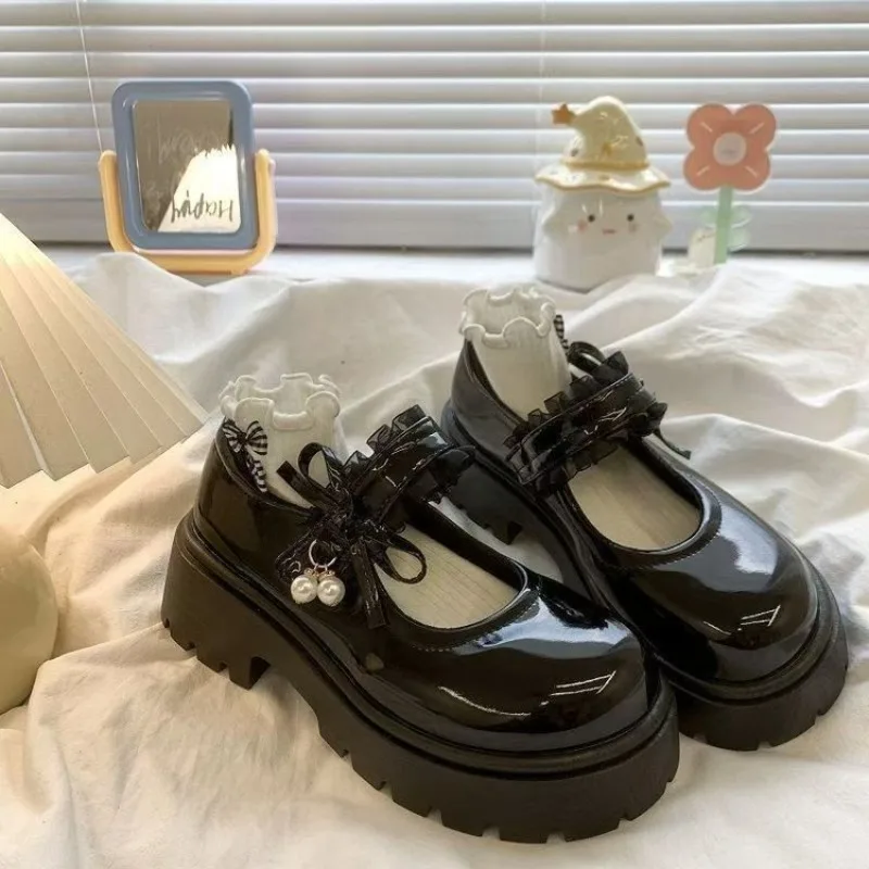 White Black Patent Platform Mary Jane Shoes Women Kawaii Pearl Bow Chunky Lug Sole Japanese JK Lolita Student Dress Shoes