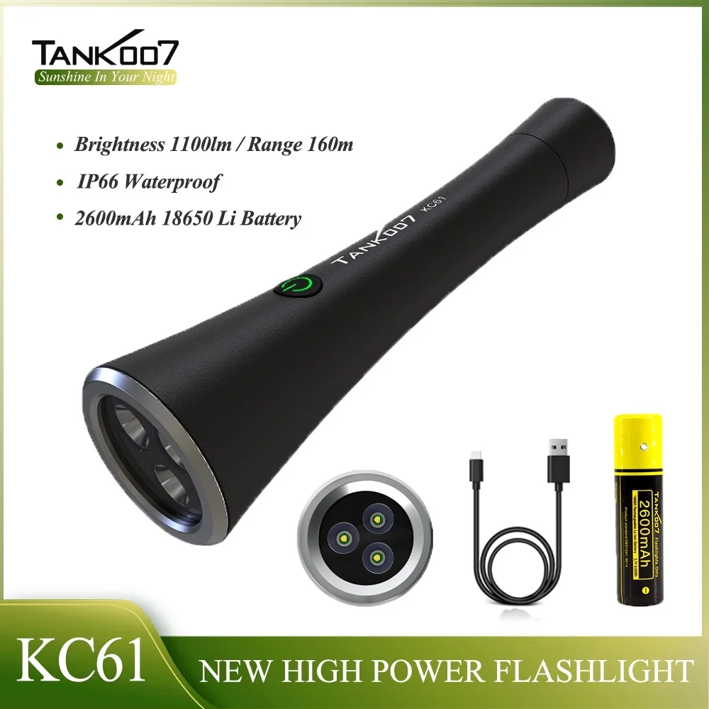 

TANK007 KC61 High Power LED Flashlight 10W 1100LM 160M EDC Outdoor Camping Flash Lights Runtime 22H Torch IP66 2600mAh Battery