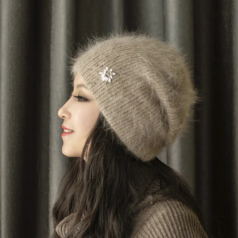 2023 New Luxury Rhinestone Beanie Hats Women Winter Fashion Warm Real Rabbit Fur Knit Hats Adult Ear Protection Cover Head Cap