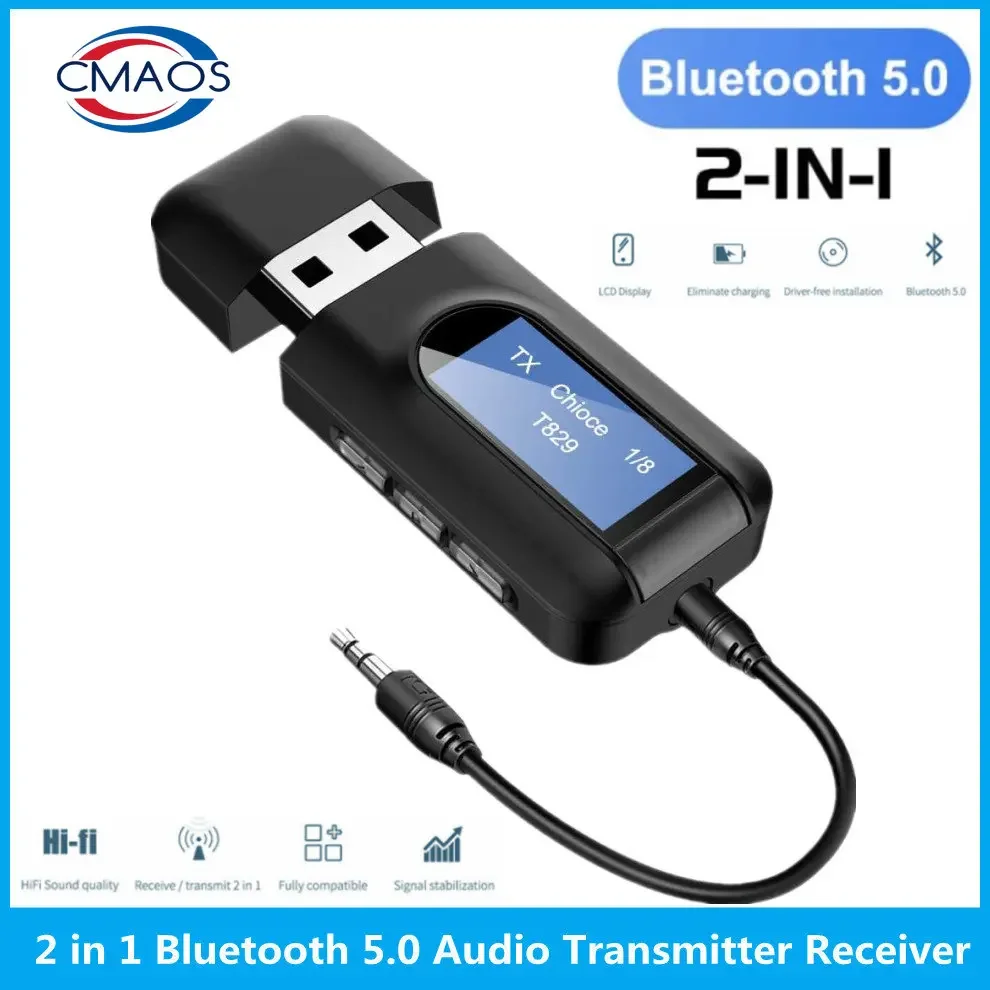 Transmisor y receptor de Audio USB Bluetooth 5,0, pantalla LCD, adaptador inalámbrico estéreo AUX RCA de 3,5 MM, Dongle para PC, TV, auriculares para coche