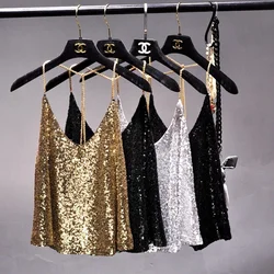 Sequins Condole Belt Vest, Women's Fashion Wear Tops  Suumer Sexy Low-cut Loose T-shirts tank top  tops