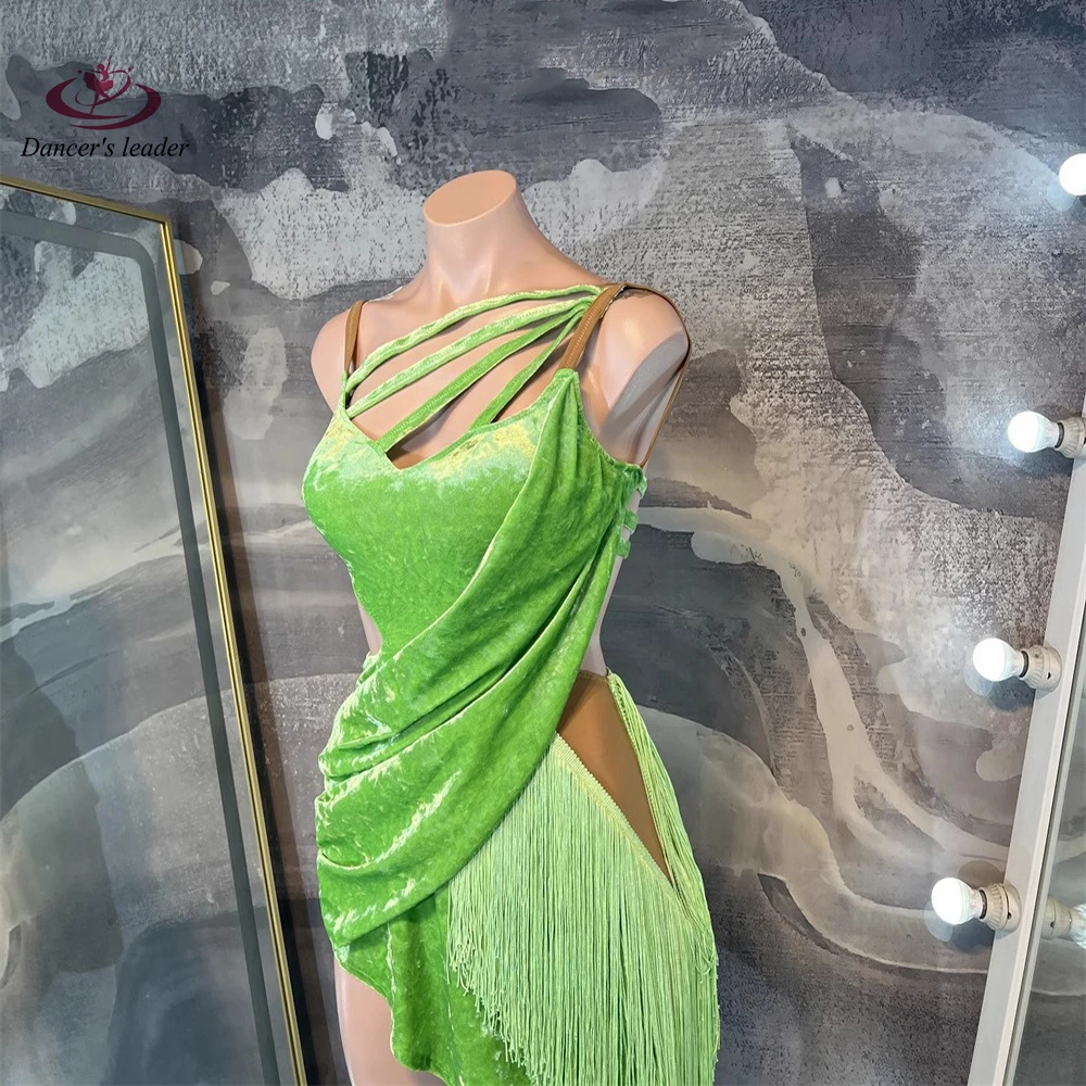 Concours de danse latine, vêtements pour femmes, Costume d'examen d'art en velours vert haut de gamme, robe de spectacle Cha Samba