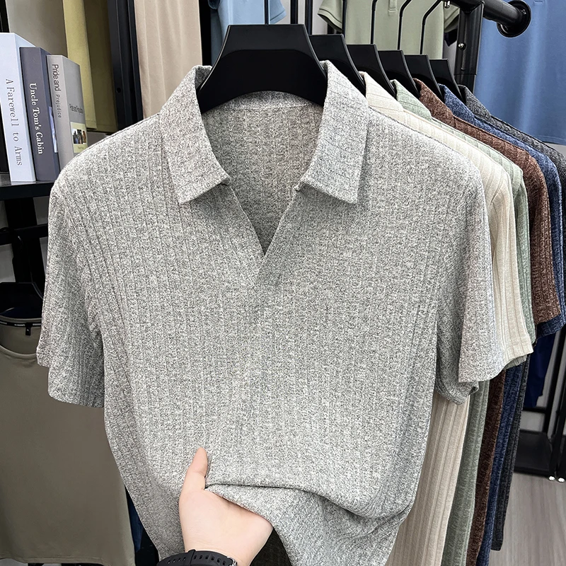 Herren Atmungsaktives Strick-Poloshirt Kurzarm V-Ausschnitt Gestreifter Stoff Bequem Leichtgewichtig Lässig Business Tägliche Kleidung – Detail 9
