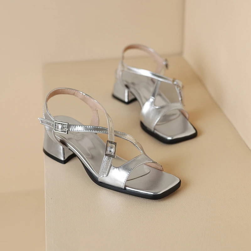 ORCHA LISA 2024 New Peep Toe Women Sandals Strap Buckle 5cm Thick Heel Big Size 40 41 42 43 Dress Silver White Pink