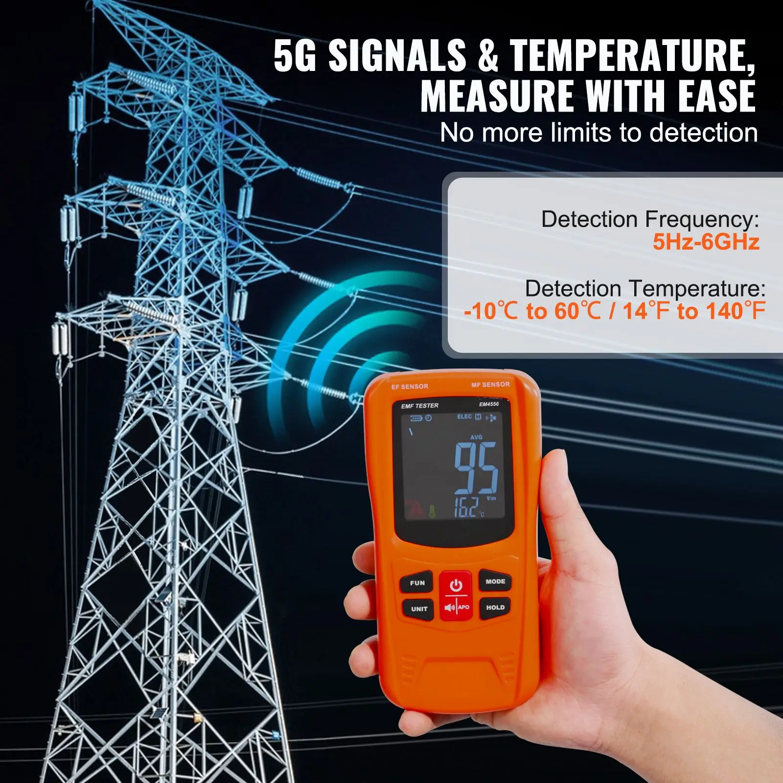 3-in-1 EMF Meter, 5Hz-6GHz, Handheld Rechargeable Electromagnetic Field Radiation Detector, Digital LCD Tester for EF MF RF Home