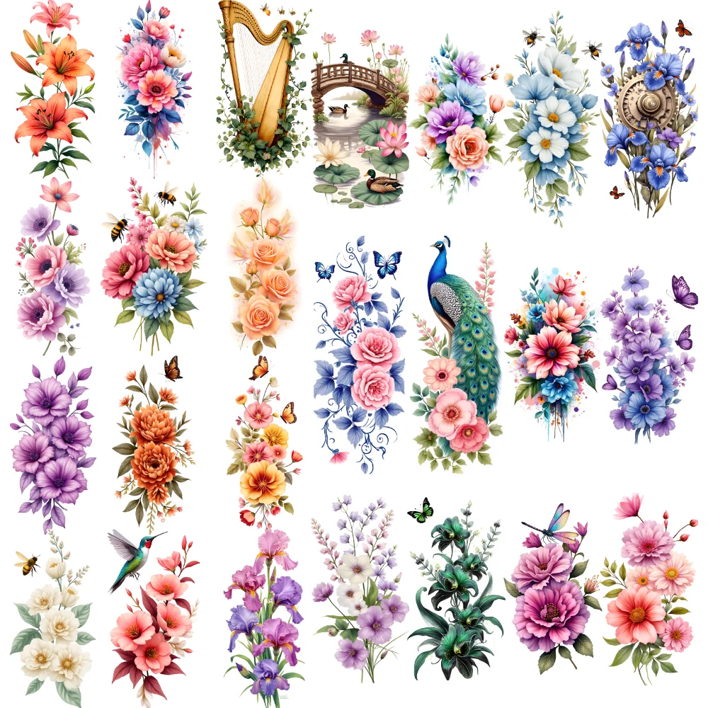9pcs Temporary Tattoo Purple Floral Pattern Colorful Rose Flowers Harp With Flowers Temporary Tattoo Stickers Lily Flowers For