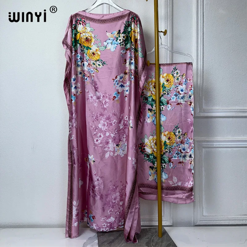 

WINYI 2024 New African Women Dashiki boho print muslim woman dubai Free Size Design With Scarf Maxi Loose African Elegant Dress