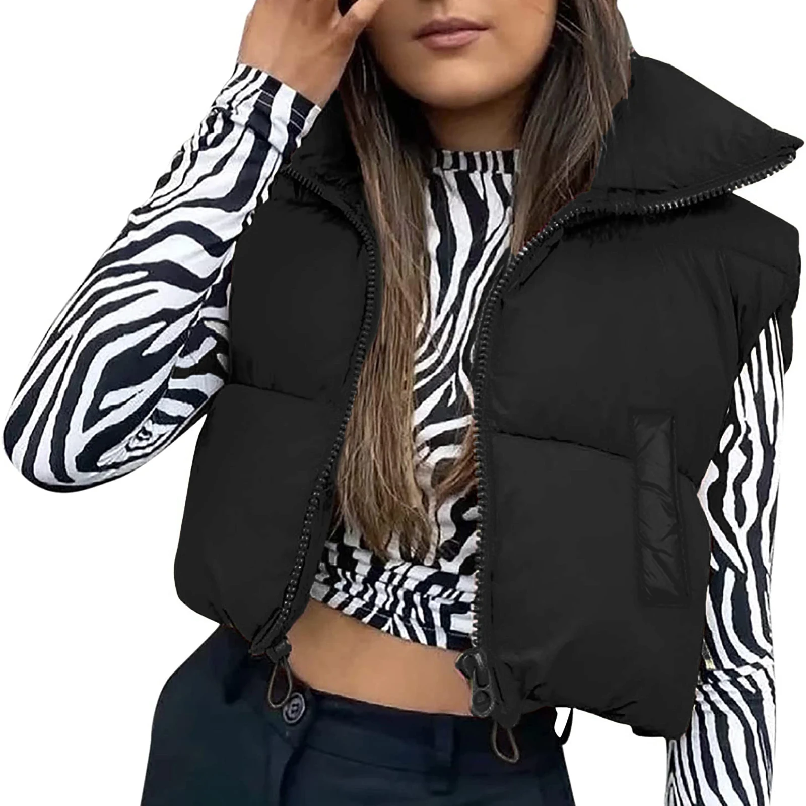 New Fashion Women Winter Warm Crop Waistcoat, Sleeveless Stand Collar Double Sided Lightweight Puffer Vest