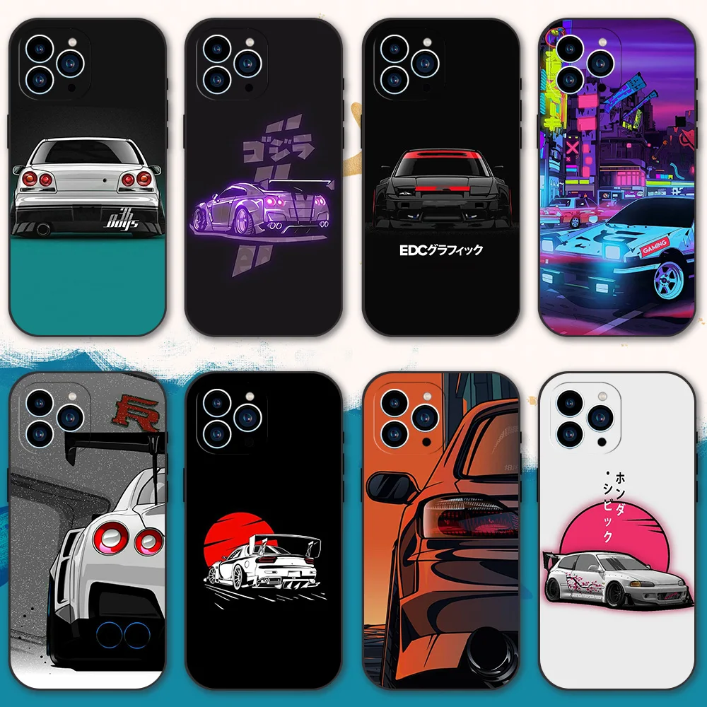 J-JDM Type R Civic Sport Car Phone Case for iPhone 12 11 13 14 15 16 Max Pro Plus Black Soft Silicone Cover