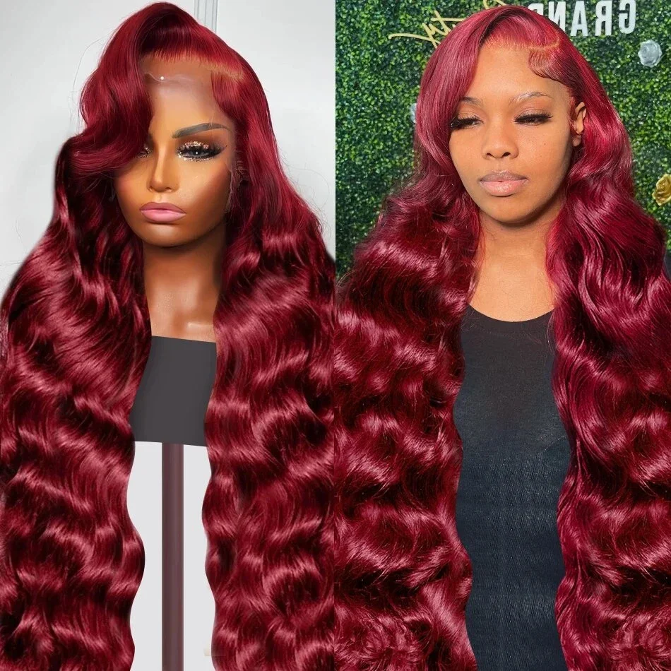 250 Density 40 Inch 13x6 Transparent Body Wave 99J Burgundy Lace Frontal Human Hair Wig 13x4 Lace Front Wig PrePlucked For Women