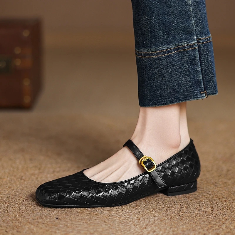 Women's New Genuine Leather Printed Cowhide Square Head Metal Elastic Belt Buckle Low Heel Plus Size Mary Jane Single Shoe