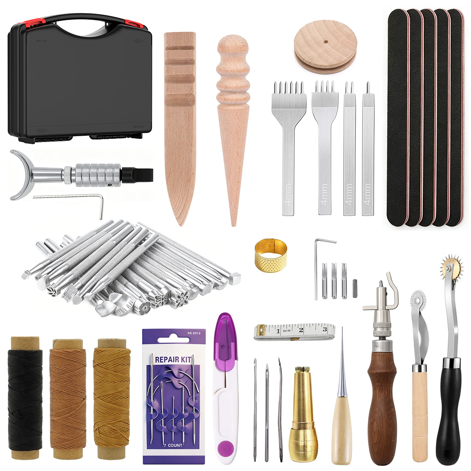 Leather Working Tools Set, Complete Leather Craft Kit with Stitching Punch, Wax Thread & Stamps for DIY Leathercraft