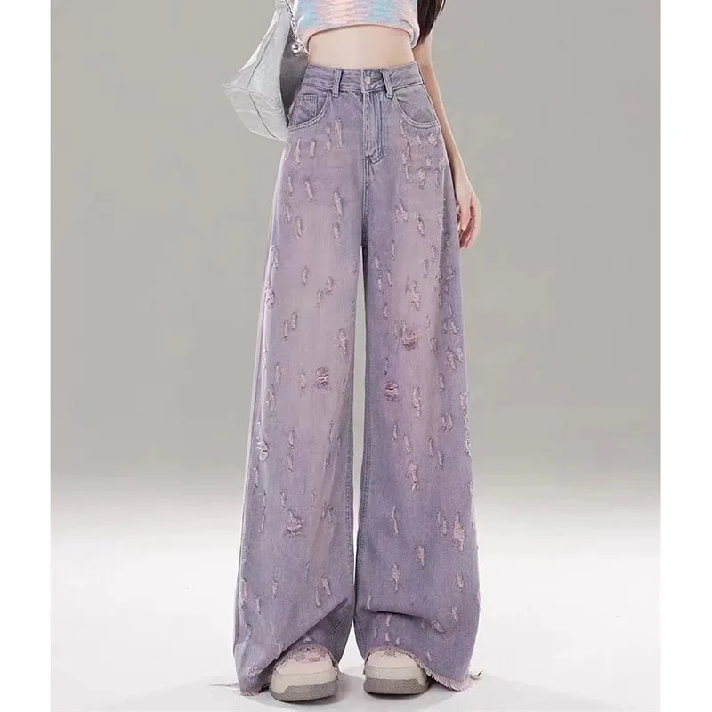 

Autumn Female Casual Wide Leg Denim Pantalons Women Fashion Washed Cowboy Trousers 2025 Ladies High Waist Straight Holes Jeans