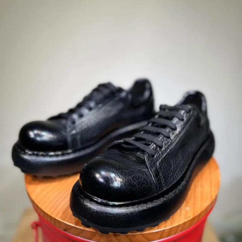 

American Retro Genuine Leather Round Toe Casual Leather Shoes Men's Handmade Cowhide Thick Sole Wear-resistant Male Derby Shoes