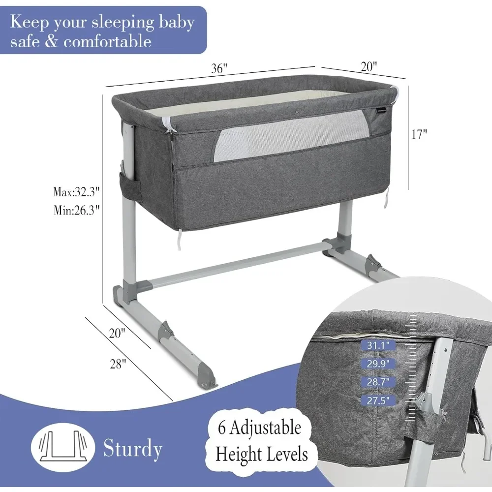 

Bedside Crib with 6 Adjustable Height, Soft Mattress & Wheels, Easy to Assemble Bassinets, 3 in 1 Baby Bassinet Bedside Sleeper