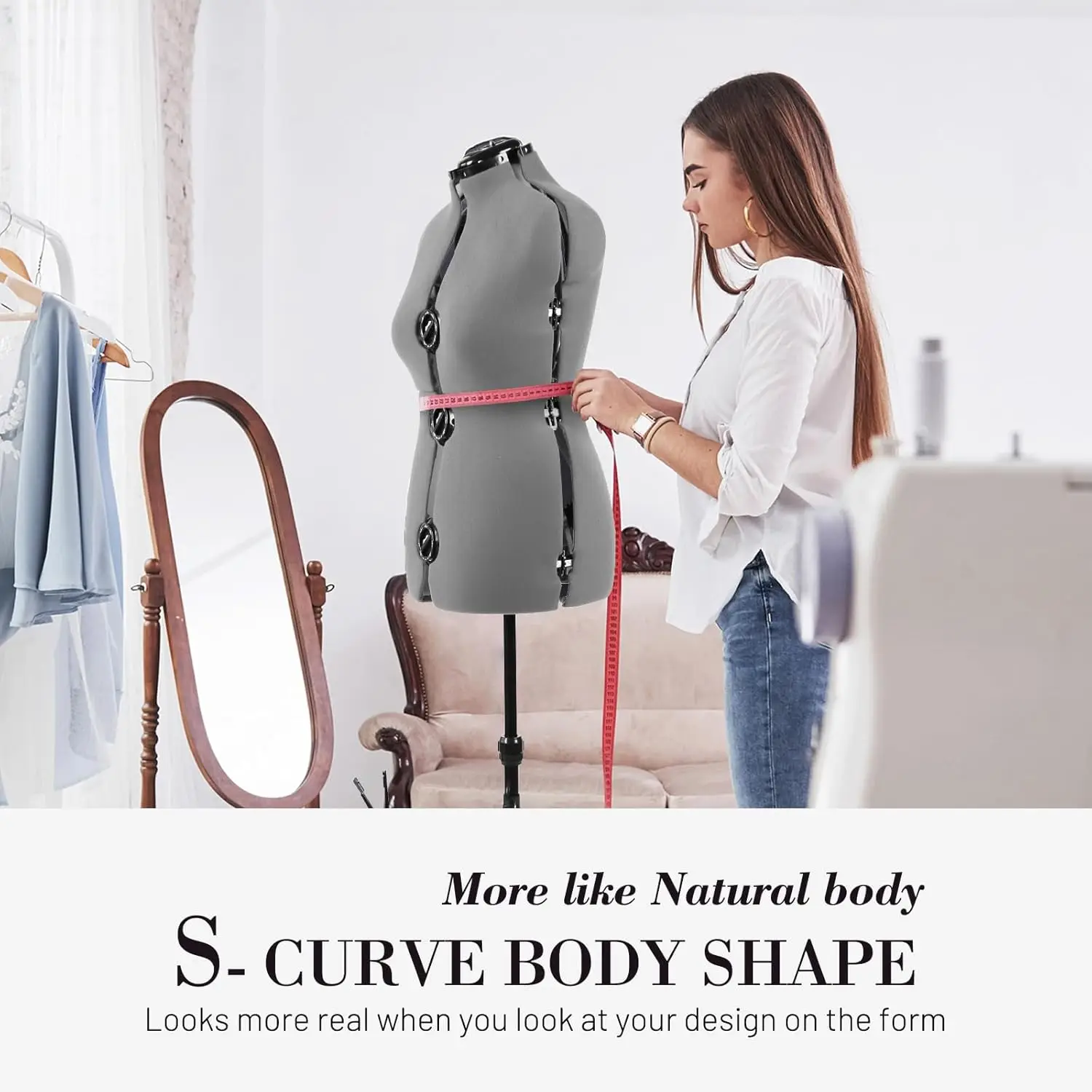 Pin able Model Body with 13 Dials & 360 Degree Hem Guide,Dress Forms for Sewing, Grey Female Mannequin Adjustable Size 6-14