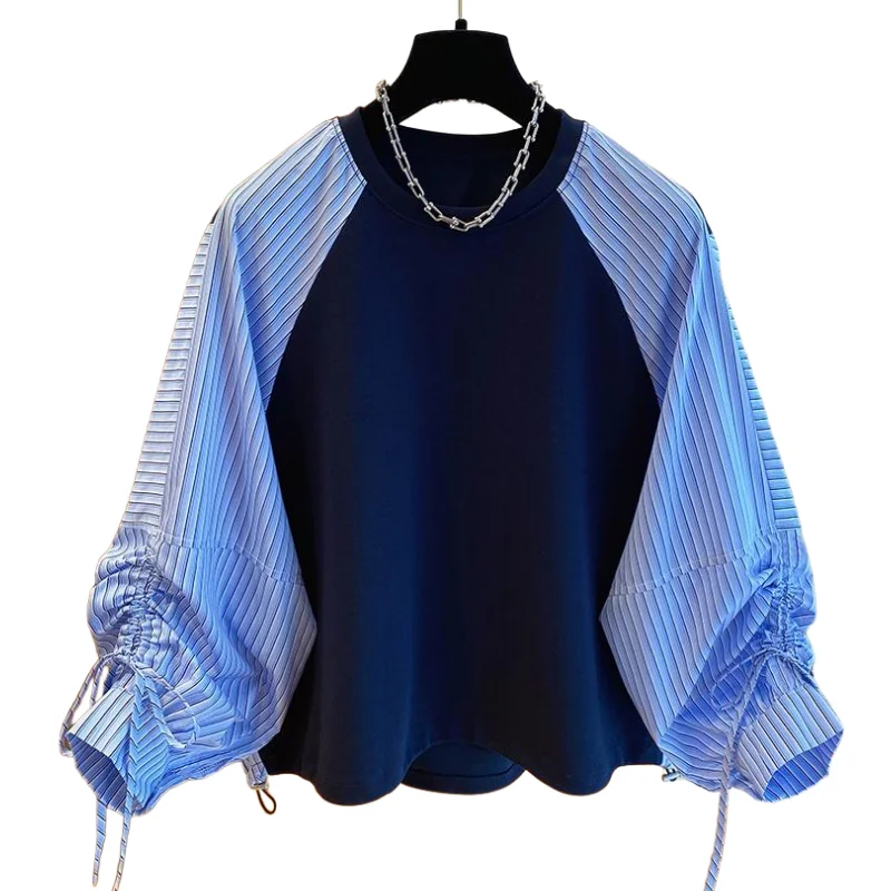 Camicia a righe firmate autunno 2025 Felpa con cappuccio con giunture a contrasto Camicetta da donna in stile pigro Top patchwork alla moda