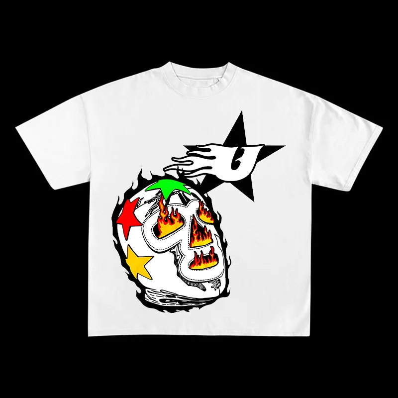 

American fashion brand cotton casual oversized street American flame short-sleeved T-shirt round neck half-sleeved T-shirt