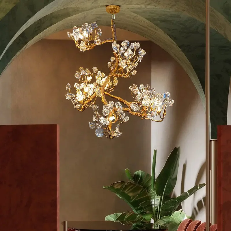Handmade Postmodern Copper Chandelier with Natural Crystal for Living Room Dining Room Villa Lighting Decor