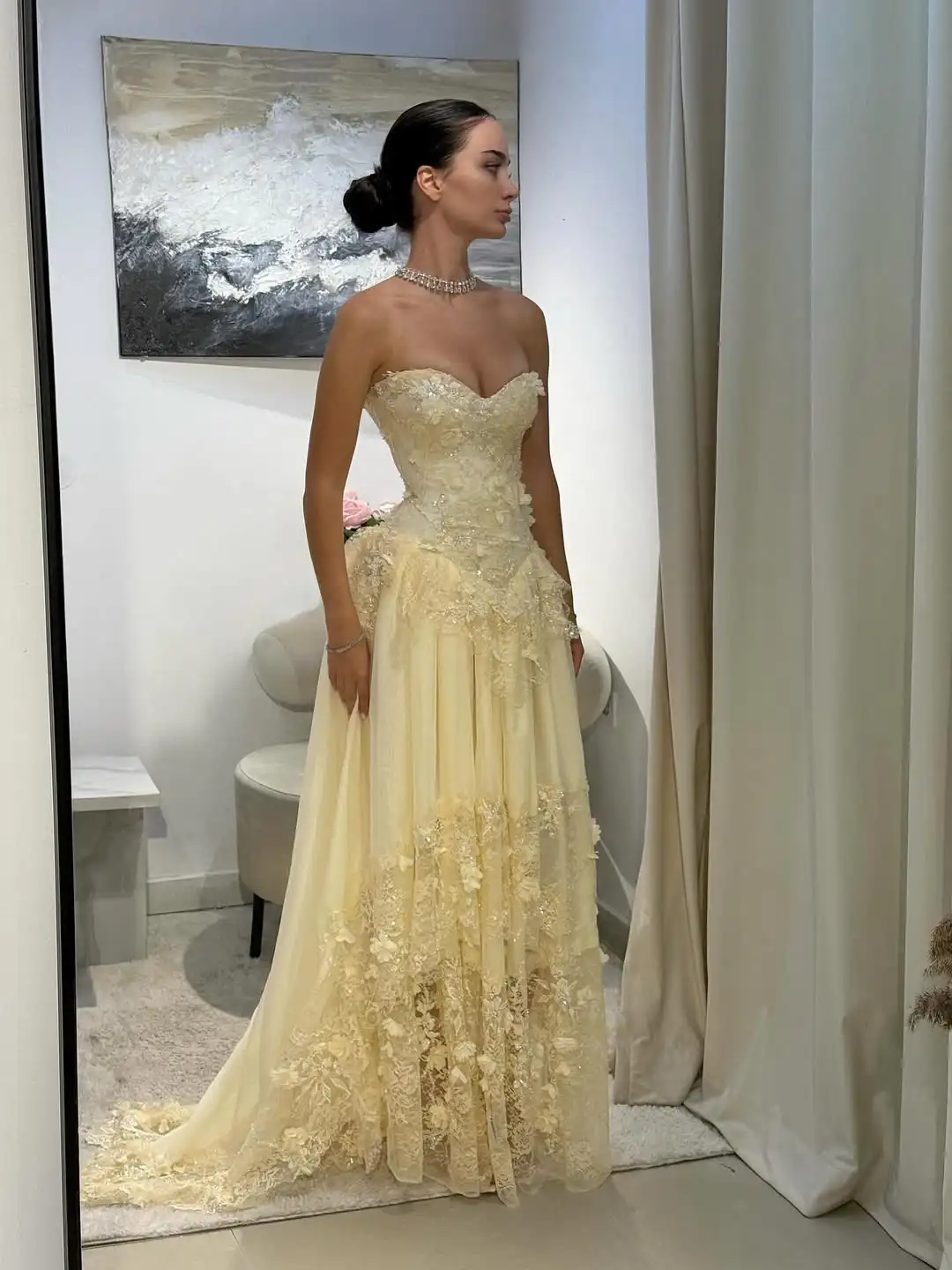 Ofherown فساتين سهرة صفراء على شكل حرف a بدون حمالات ثلاثية الأبعاد زهور دانتيل ترتر زينة فساتين لحضور الحفلات الموسيقية على شكل قلب بدون ظهر فستاين سهرة/فساتين الحفلات
