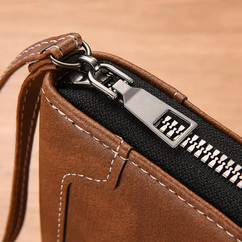 Herren-Geldbörse mit langem Reißverschluss, Geldbörse mit mehreren Fächern, schlichte Lederkombination, große Handtasche mit viel Stauraum. – Detail 7