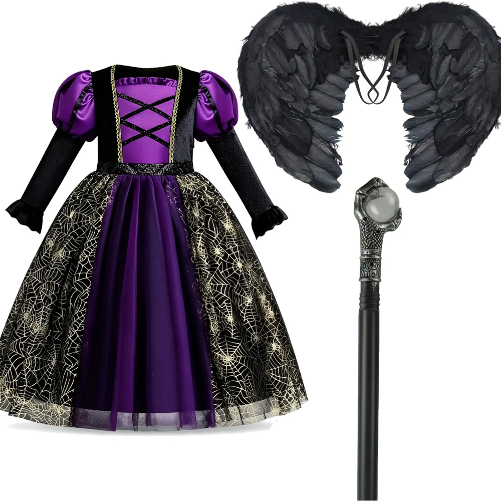Halloween-Hexenkostüm für Mädchen, schwarzes, lila, langes Kleid mit langen Ärmeln, für Kinder im Alter von 2-10 Jahren, Karneval, Maskerade, Bühnen-Cosplay, Partykleid – Detail 8