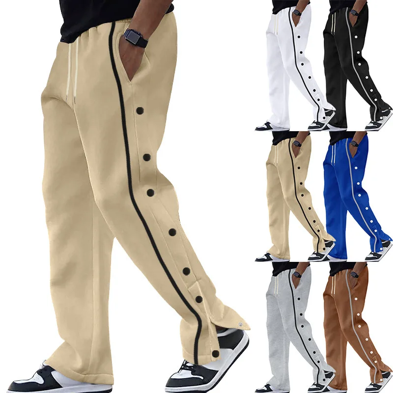 

Side Button Breasted Pants Men's Autumn New Loose Straight Drawstring Trousers Solid Color Fashion Casual