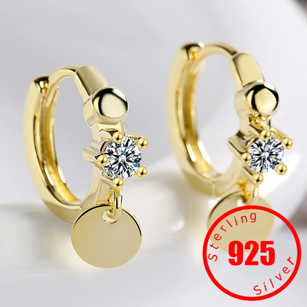 Stamp 925 Sterling Silver Simple Disc Pendant Crystal Zircon Hoop Earrings for Women Bohemian Charm Jewelry Accessories