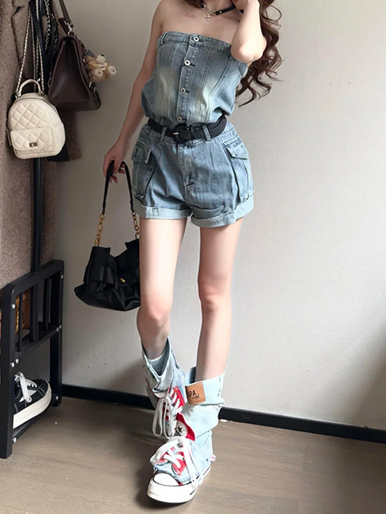 American Style Hot Girl Design Cuffed Jumpsuit Jeans Women Summer New High Street Loose BF Lazy Style Shorts Low Waist
