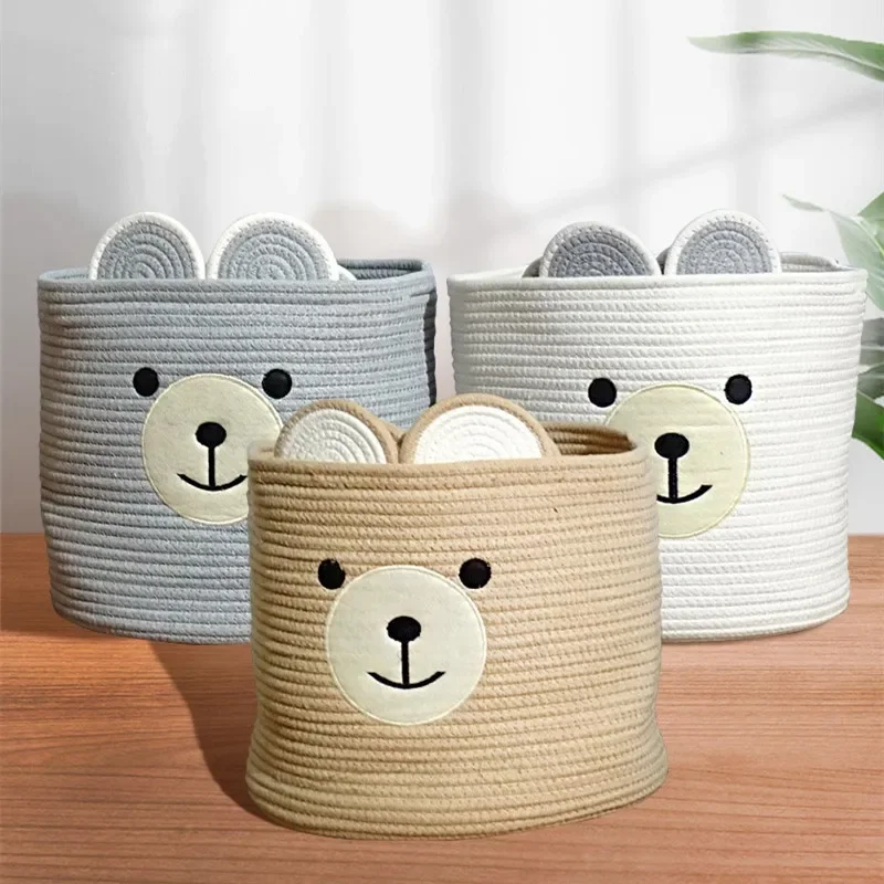 Cartoon Bear Storage Basket Cute Kids Organizer Cotton Woven Basket Kids Room Bedroom Decoration