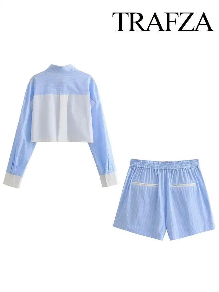

New Women 2 Piece Set Fashion Striped Single-Breasted Long Sleeves Tops+Elegant Casual High Elastic Waist Shourt Pant