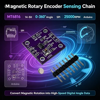 MT6816 Magnetic Angle Sensor Module, AMR 14-Bit Absolute Encoder, ABZ/UVW/PWM Output for BLDC Motor