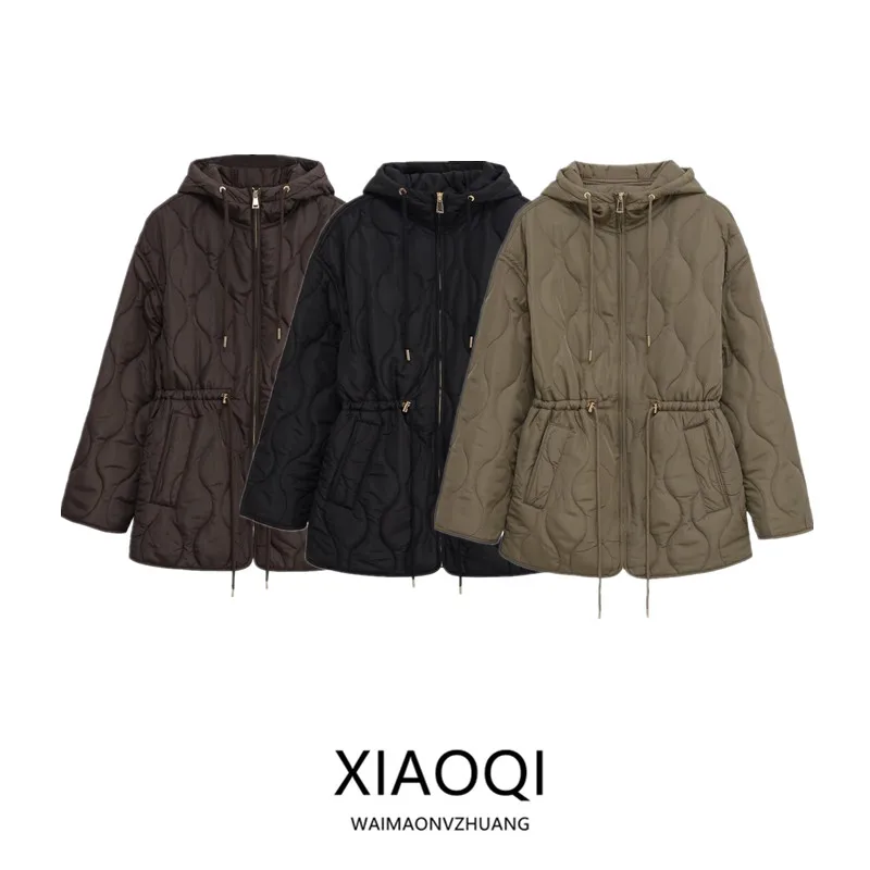 

Осень 2023, новая женская модная стеганая верхняя одежда с капюшоном и воротником-стойкой с поясом, длинная теплая женская европейская одежда