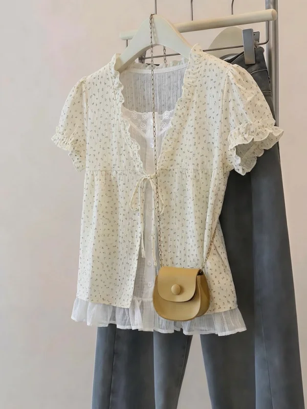 

Floral Print V-Neck Short Sleeve Shirt Women's Summer New Style Korean Version Loose Fit Doll Shirt Casual Commute Fashion
