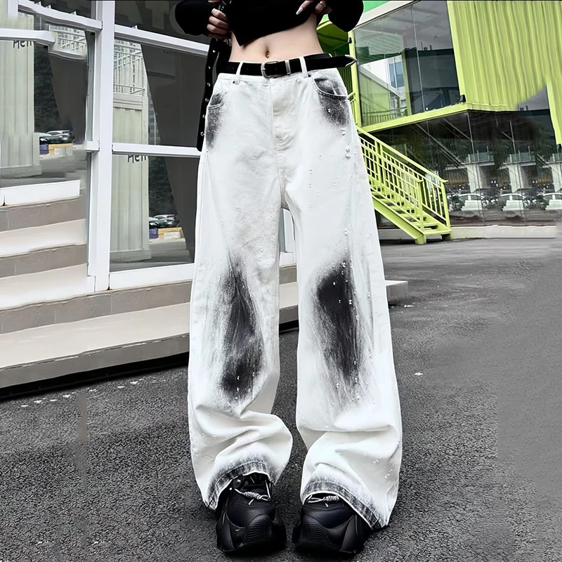 

Y2K Wide Leg Graffiti Female Trouser Baggy Denim Pants High Waist Women White Jeans Hip-hop Style Fashion Vintage Streetwear