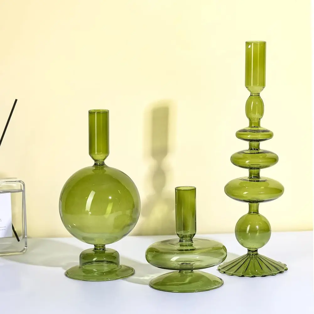 

Green Groovy Wavy Glass Candlestick Holders, Elegant Taper Candle Holders for Weddings, Home, Birthdays, Parties, and Holiday Wi