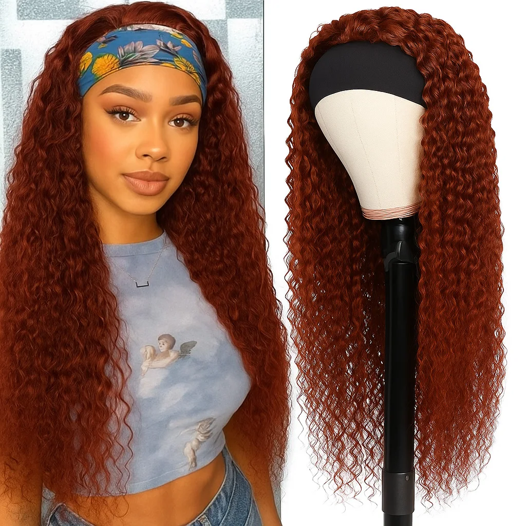 

Reddish Brown Headband Wig Human Hair Deep Wave None Lace Wig Machine Made Wigs Glueless Brazilian Curly Hair Headband Half Wigs