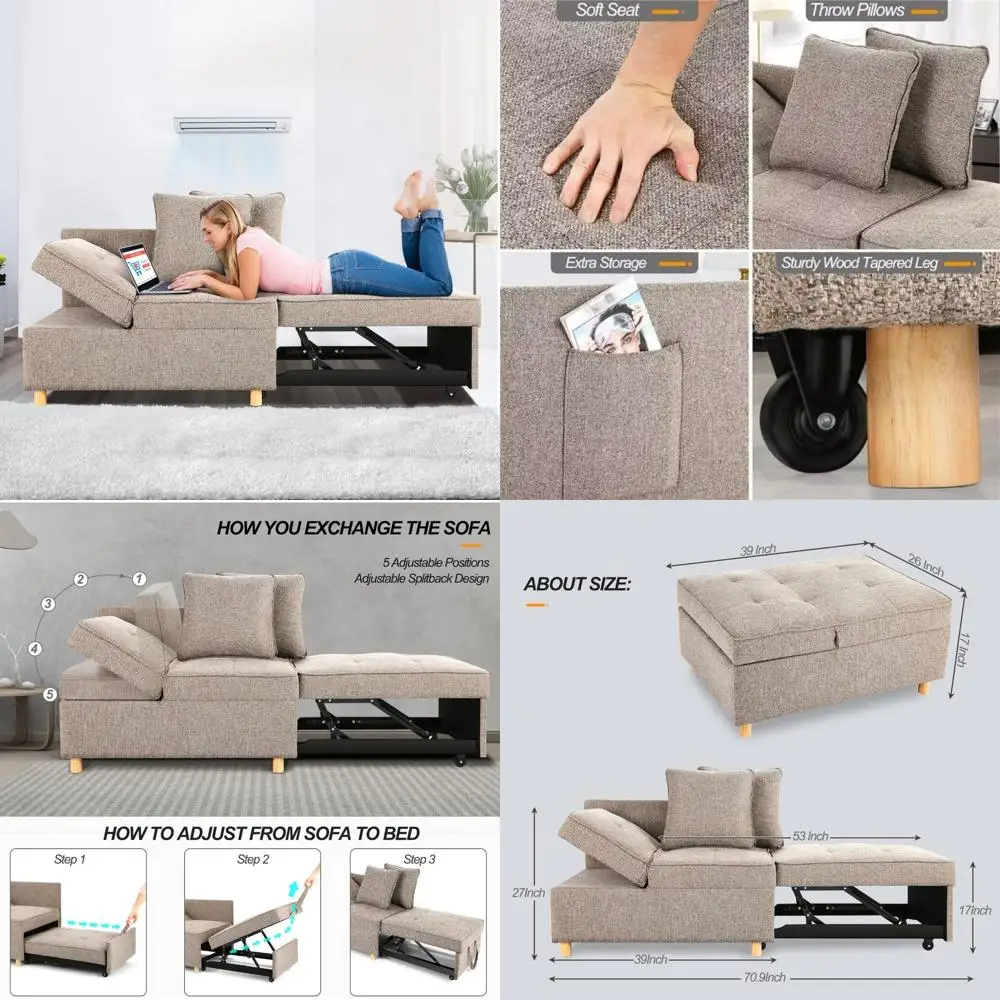 Convertible 4-in-1 Sofa Bed Chair, 3-Seat Linen Loveseat with 2 Throw Pillows, Single Recliner for Small Spaces