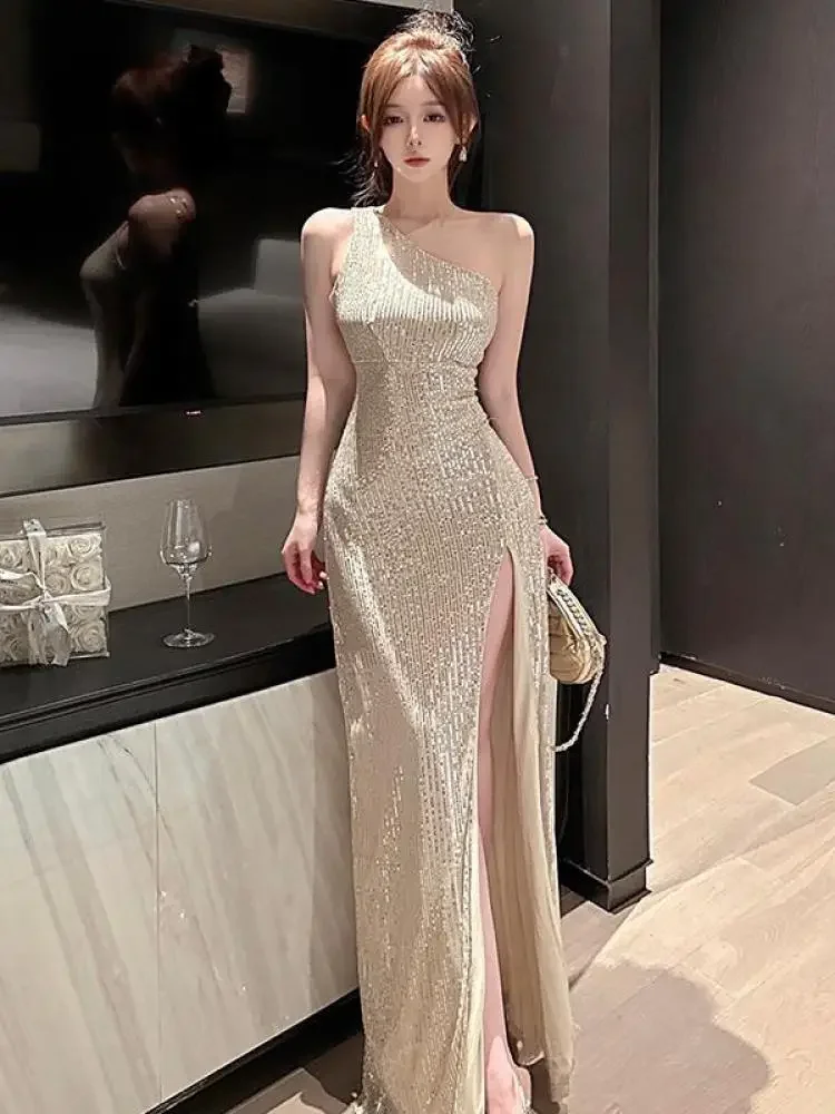 Summer Beige Sexy Club Off Shoulder Sequin High Split Long Dress Women 2024 Elegant Backless Birthday Party Evening Prom Dresses