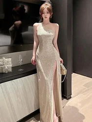 Summer Beige Sexy Club Off Shoulder Sequin High Split Long Dress Women 2024 Elegant Backless Birthday Party Evening Prom Dresses