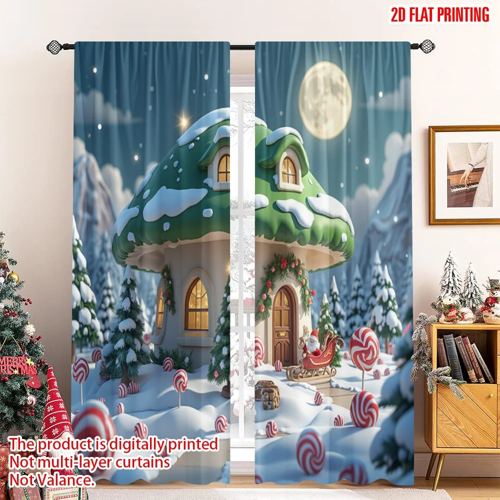 

2pcs 2D flat printing Merry Christmas Popular Party Window Curtains Christmas Elf House Snow Globe Polyester Without Electricity