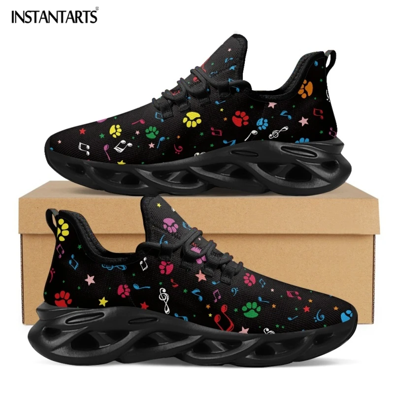 INSTANTARTS Colorful Cartoon Dog Paw Print Mesh Swing Sneakers for Ladies Breathable Lace up Platform Shoes Women Running Shoes