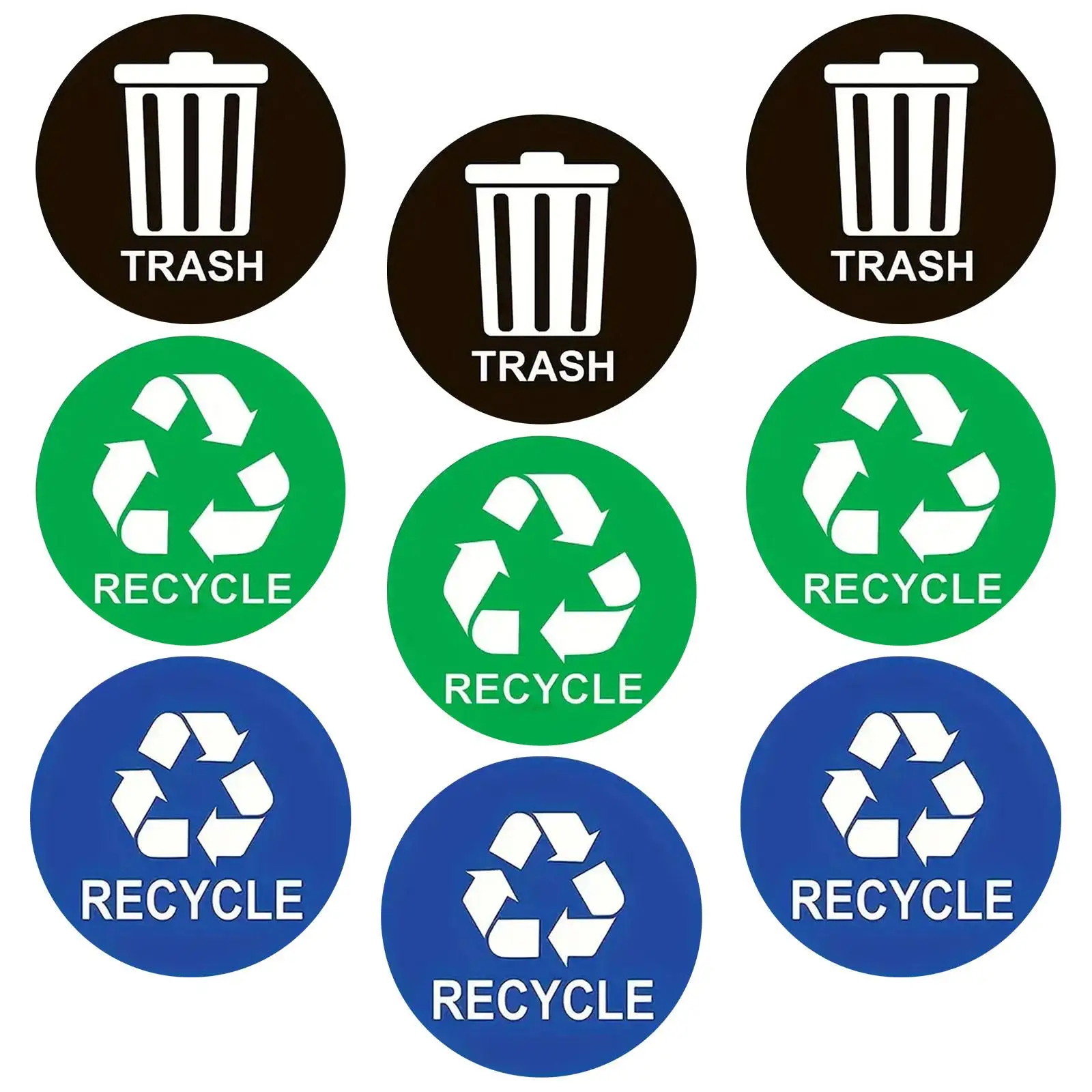 9 Pieces Recycle Stickers for Trash Can Round Decals 5 inch Recycle Stickers for Trash Bins for Home Work Yard Waste Office