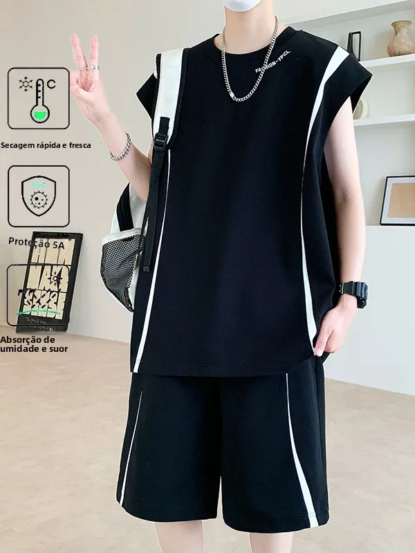 summer-new-men's-sleeveless-fitness-sportswear-ice-silk-quick-dry-color-block-vest-shorts-two-piece-set-teenage-cotton-blend