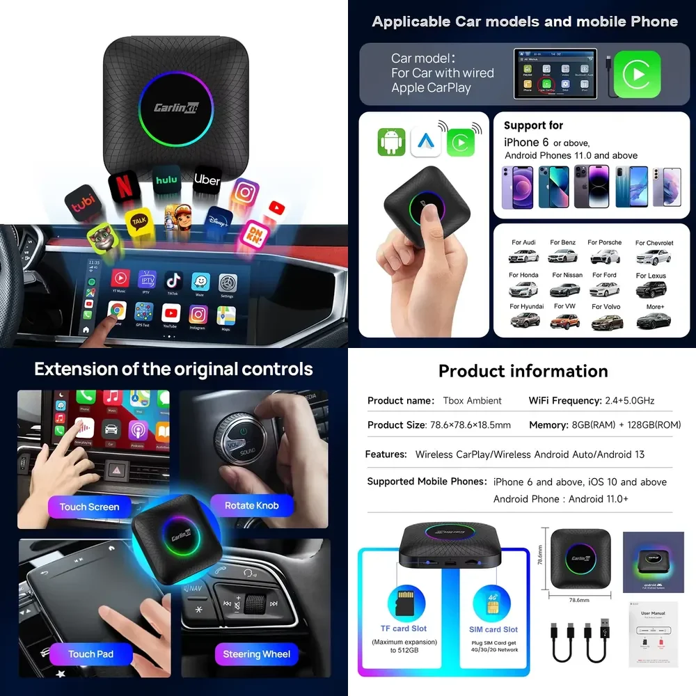

Carlink Tbox Ambient SM6225 8-Core Car Play Ai Box Carlinkit 8G 128Gb Android 13 Netflix Youtube Auto Carplay