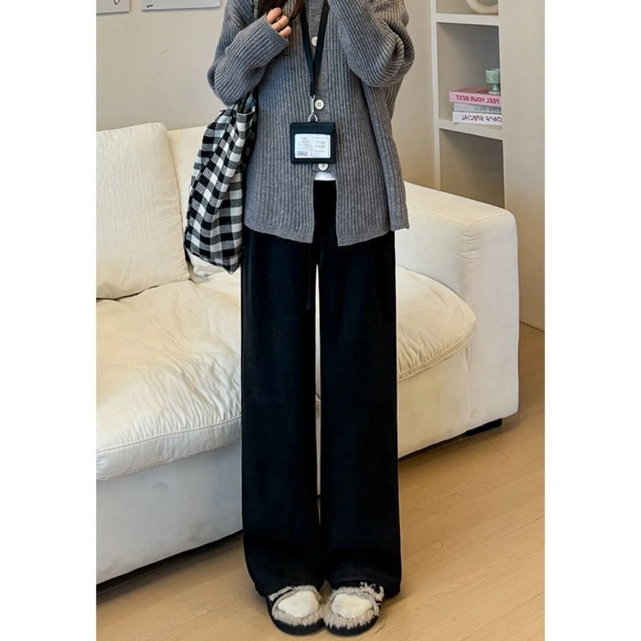 بنطال ذو قصة أرجل واسعة كاكي نسائي شتوي مضلع بطابقين قطيفة نسائية حضرية حديثة من قماش الجاكار وكشكشة من الصوف وبطانة من الساتان بطبقات #4