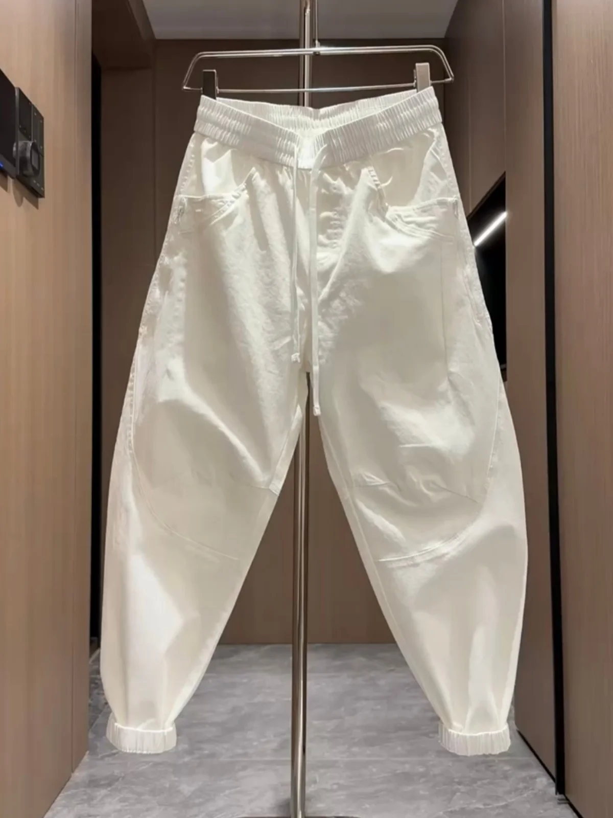 Spring Summer Men's Casual Loose Fit Cotton Sweatpants Elastic Cuffed Breathable Sporty Slimming Pants Trendy Washed Fabric