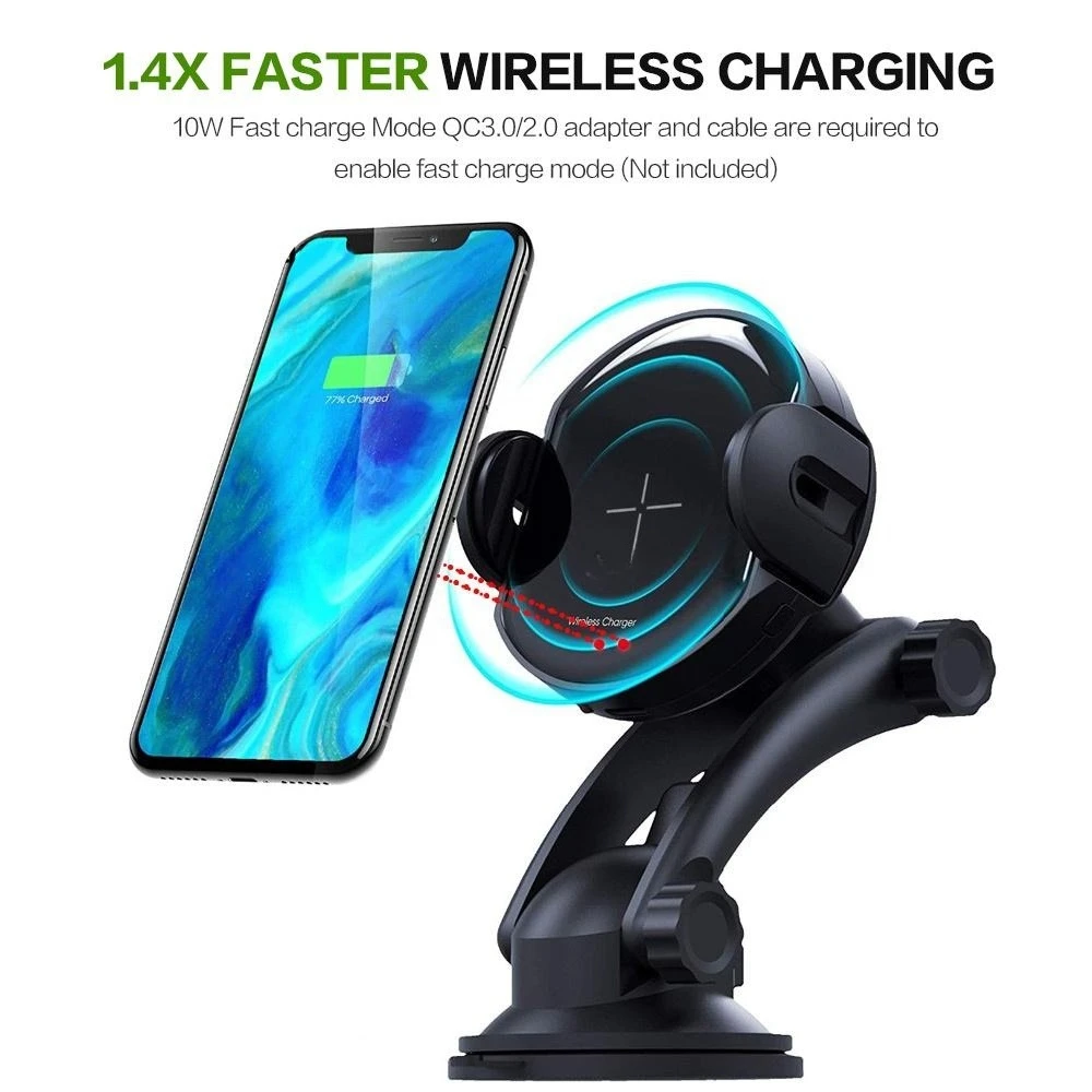 شاحن سيارة لاسلكي سريع Qi بقدرة 10 وات لهواتف iPhone وSamsung وAndroid QC 2 0 3 0 حامل تنفيس لوحة القيادة الآمنة