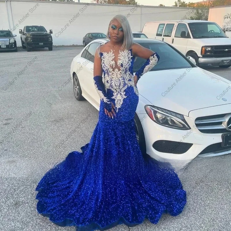 

Customized Royal Blue Sequins Mermaid Prom Dress Long Sleeve For Black Girls Rhinestone Beaded Birthday Gala Gown